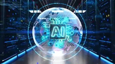 Yapay Zeka Yapay Zeka Simgesi Veri Merkezi 'ndeki Rack Sunucularından geçiyor. AI Dijital Öğrenme kavramı büyük verileri işleme, analiz. Siber Teknoloji Yapay Zeka Dijital Aygıtların Yapay Zekası