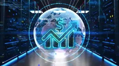 Veri Merkezi 'ndeki Rack Sunucularında Mali Grafik Simgesi Hareketi. Finansal yatırım ya da Ekonomik trendler iş fikri. Borsa ticaret grafiği, istatistik grafiği yükselen fiyatlar enflasyon oranı