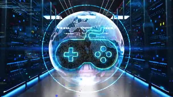 通过数据中心的Rack服务器移动的Gaming Pad图标 游戏控制器的概念与虚拟现实眼镜控制计算机和游戏 未来主义技术游戏概念 — 图库视频影像