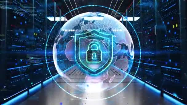 Shield Cyber Security Icon Keresztül Rack Szerverek Data Center Kiberbiztonság — Stock videók