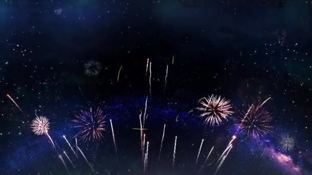 7周年記念テキストタイポグラフィー粒子花火爆発は夜空の背景を火花 グリーティングカード 誕生日カード 招待状 お祝い パーティー お祝いの装飾コンセプト — ストック動画
