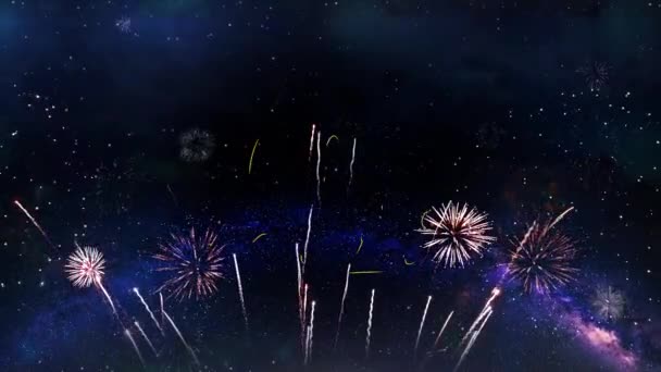 Altıncı Yıldönümü Metni Yazısı Parçacıkları Havai Fişek Patlaması Gece Gökyüzü — Stok video