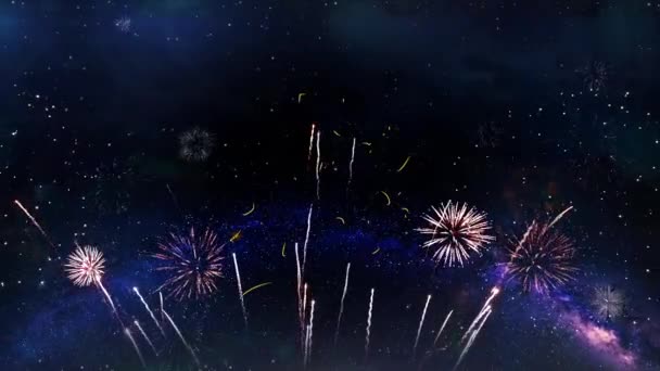 Happy Birthday Text Typografie Partikel Feuerwerk Explosion Funken Nachthimmel Hintergrund — Stockvideo