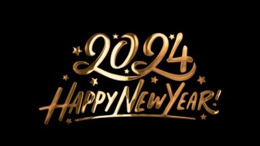 Mutlu yıllar 2024 Typography Golden metin animasyonu siyah arkaplanda. Tasarım, Hoşgeldiniz Kutlama Mutlu dekoratif ve bayram dilekleri bayram teması