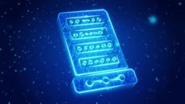 Bilgisayar Sunucusu Dijital Teknoloji Sanal Ekran HUD Hologram Hi Tech Loop konsepti. Modern Telekomünikasyon, Bulut Hesaplama, Yapay Zeka, Veritabanı, Süper Bilgisayar Teknolojisi Konsepti.