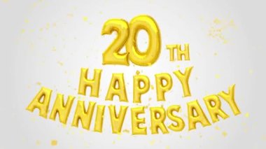 20. Mutlu Yıldönümleri Altın Balonlar Metin Dekorasyonu modaya uygun arka planda altın konfetileri parlıyor. Doğum günü dilekleri, tebrik kartı, davetiye, kutlama, parti, tatil, festival dekorasyon konsepti