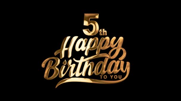 5Th Happy Birthday Typography Golden Text Animation Appear Black Background — Stock Video