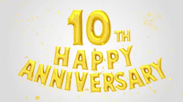 10Th Happy Anniversary Balões Dourados Decoração Texto Glitter Gold Confetti — Vídeo de Stock