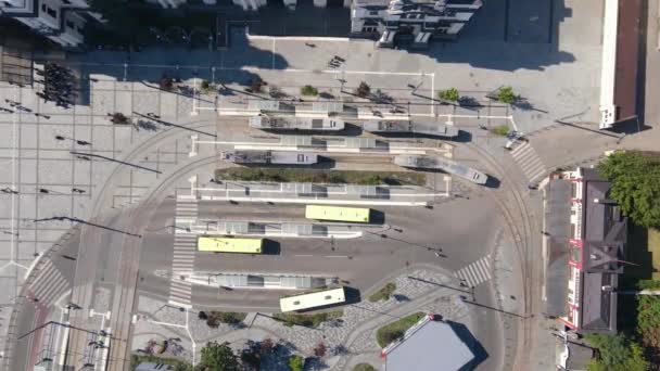 Vue aérienne du trafic de tramway et d'autobus à l'arrêt de la gare — Video