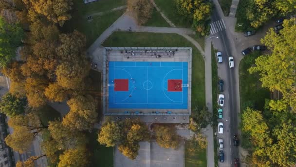 Flyvende utsikt over det blå stadionet i parken, tenåringer som spiller basketball – stockvideo