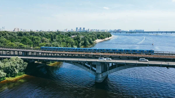 Aerial View Overground Metro Passing Bridge River Sunny Day — Stock Photo, Image