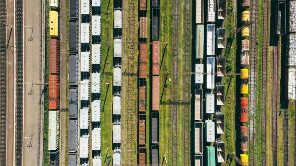 Voando Sobre Estação Depósito Trens Carga Com Carga Pronta Para — Fotografia de Stock