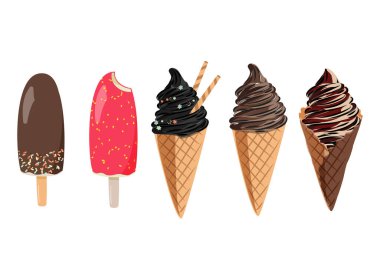 Dondurma çikolatalı eskimo turta vektör çizimi seti. Beyaz arka planda izole edilmiş tatlı koleksiyonu.