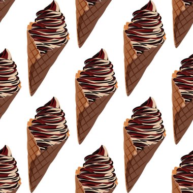 Çikolatalı ve krep külahlı vanilyalı dondurma. Gerçekçi vektör pürüzsüz desen.