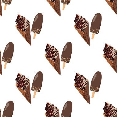 Çikolatalı ve krep külahlı vanilyalı dondurma. Gerçekçi vektör pürüzsüz desen.