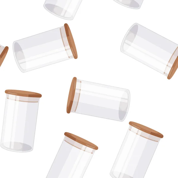 Glass jars with airtight seal wood lids background. Kitchen goods seamless pattern. — Stockvektor