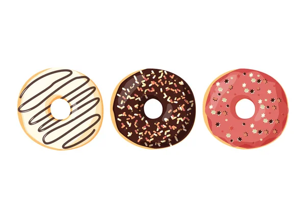 흰색 배경에 고립된 현실적 인 다채 로운 도넛 세트. 맨 위 뷰 벡터 도너츠, 메뉴 디자인을 위한 유약 수집, 카페 장식. — 스톡 벡터