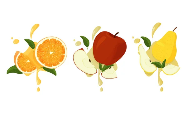 Gyümölcsök keveréke zöld levelekkel és lédús fröccsenésekkel. Vektor illusztráció készlet elszigetelt fehér háttér. — Stock Vector