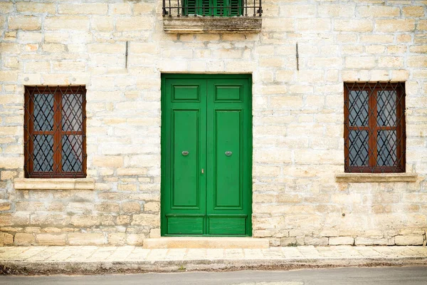 Architecture Details Renaissance Green Painted Wooden Door Two Windows Grate — Stock Photo, Image