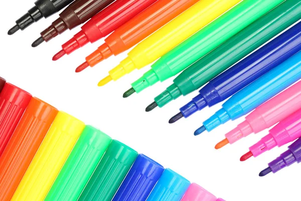 Close Top View Left Open Multicolored Felt Tip Pens Caps — Stock Photo, Image