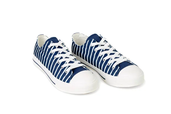 Pair New Trendy Navy Blue Sneakers White Stripes Isolated White — ストック写真