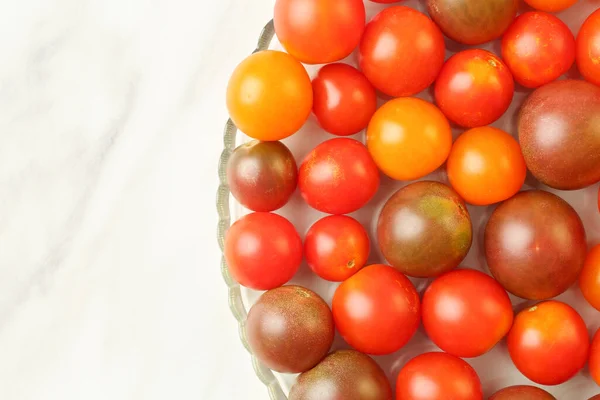 Top View Variety Fresh Organic Different Color Size Cherry Tomatoes — Stok fotoğraf