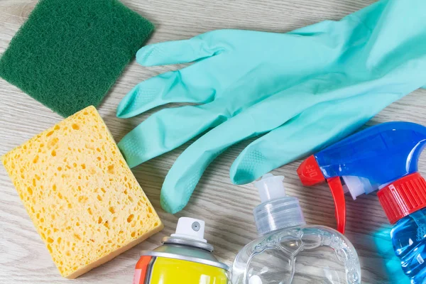 Cleaning Products Sponge Scrub Pad Rubber Glove — Stock Photo, Image