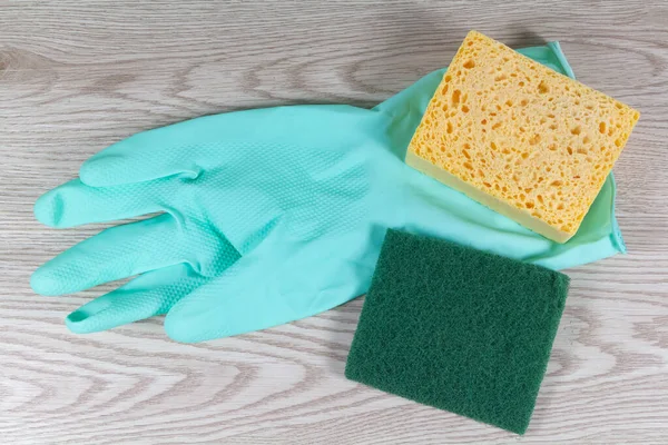 Yellow Synthetic Sponge Scrub Pad Rubber Glove Housework — Stock Photo, Image