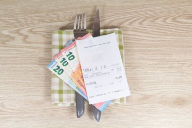 Çatal, bıçak, peçete, euro banknotlar ve restoran faturası.