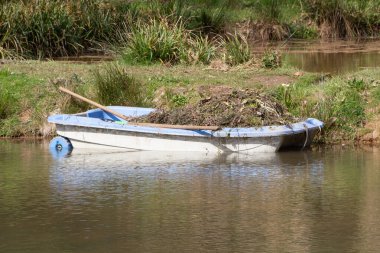 Gölette yabani otlarla dolu bir kayığı temizledikten sonra