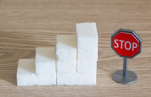 Heap Sugar Cubes Stop Roadsigns Concept Sugar Overconsumption — Stock Photo, Image