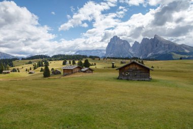 Dolomite İtalya 'sındaki Sassalungo Dağı manzaralı Alpe di Siusi.
