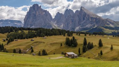 Dolomite İtalya 'sındaki Sassalungo Dağı manzaralı Alpe di Siusi.
