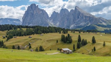Dolomite İtalya 'sındaki Sassalungo Dağı manzaralı Alpe di Siusi.