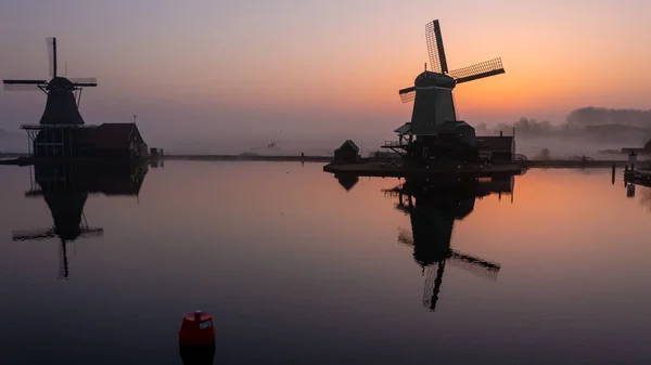 Beautiful Old Windmills Misty Morning Zaanse Schans — Stock Photo, Image