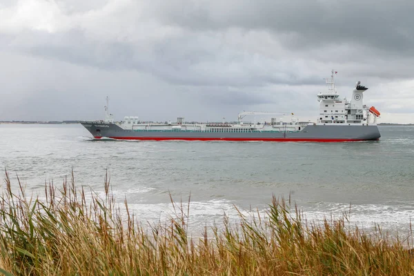 Schilderachtige Opname Van Vrachtschip Bewolkte Dag Zee — Stockfoto