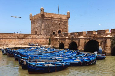ESSAOUIRA, MOROCCO - 09 Haziran 2017: Essaouira antik kalesinin yakınındaki ünlü balıkçı ahşap mavi botlar.
