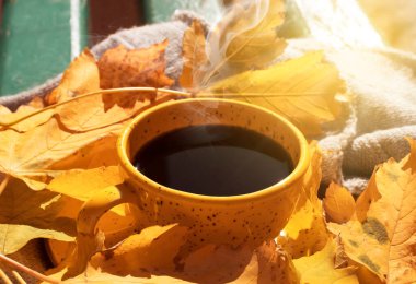 Bir fincan kahve, sonbahar akçaağaç yaprağı, ahşap bir arka planda eşarp.