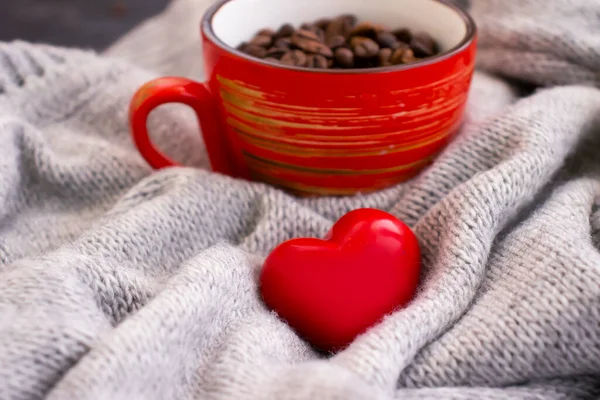 Taza Café Corazón Grano Tela Caliente — Foto de Stock