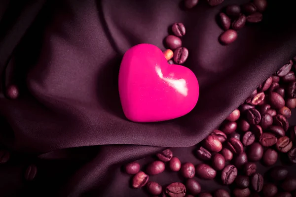 Heart Coffee Bean Silk Background — Stock Photo, Image