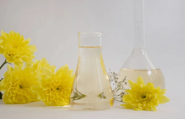 Κίτρινο Λουλούδι Φλασκί Καλλυντικών Επιστήμη Εργαστηριακό Υπόβαθρο — Φωτογραφία Αρχείου