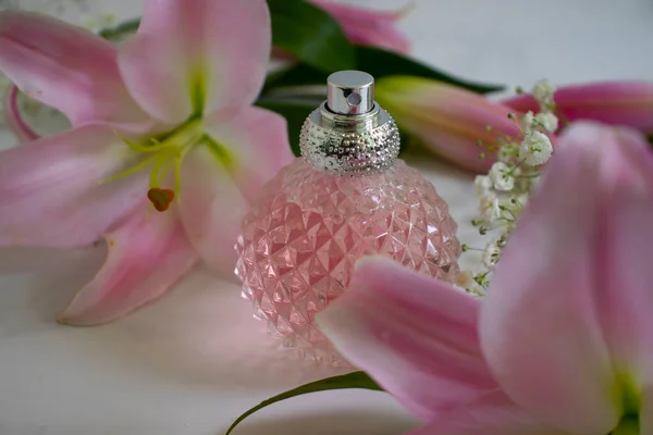 Bottle Beautiful Flowers Perfume Granite Background — Stock Photo, Image