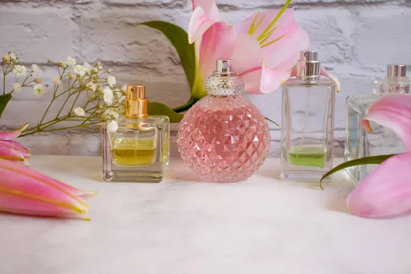 Bottle Beautiful Flowers Perfume Granite Background — Stock Photo, Image