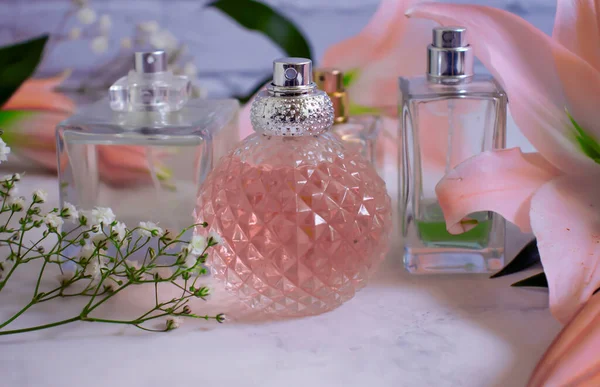 Bottle Beautiful Flowers Perfume Granite Background — Stock Photo, Image