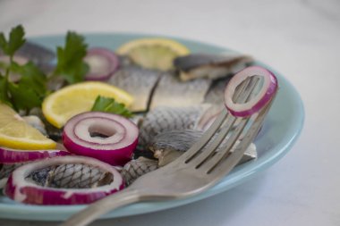 Lezzetli ringa balığı, mavi soğanlı maydanoz porsiyon aperatifi.