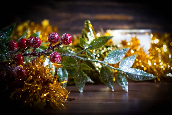 Festive Christmas Background Candle Christmas Tree Branch — Stock Photo, Image