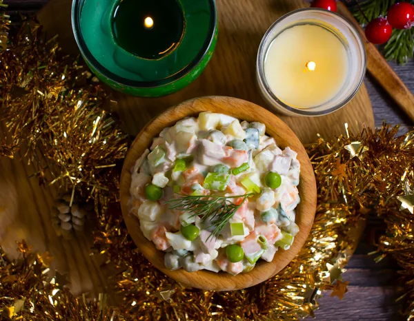 Festive Salad Olivier Christmas Background Restaurant Refreshment — Stock Photo, Image