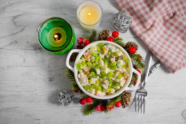Festive Salad Olivier Christmas Background Restaurant Refreshment — Stock Photo, Image