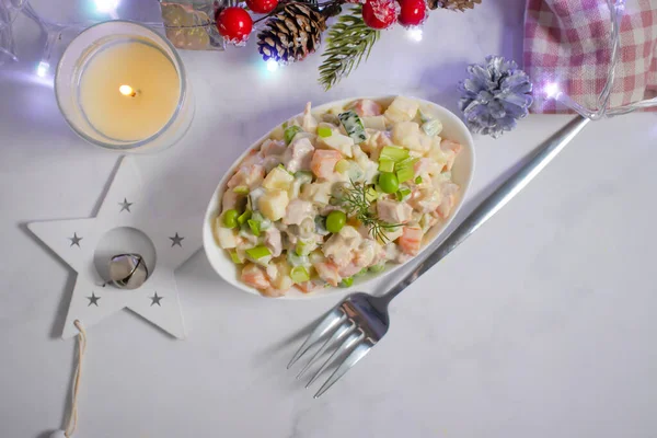 Festive Salad Olivier Christmas Background Restaurant Refreshment — Stock Photo, Image