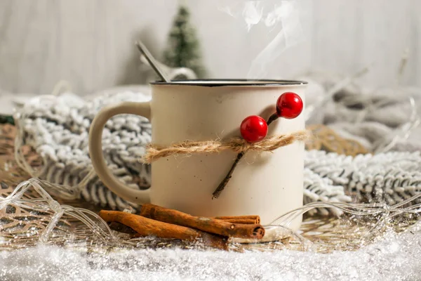 Cup Coffee Christmas Tree Branch Festive Background — Stock Photo, Image